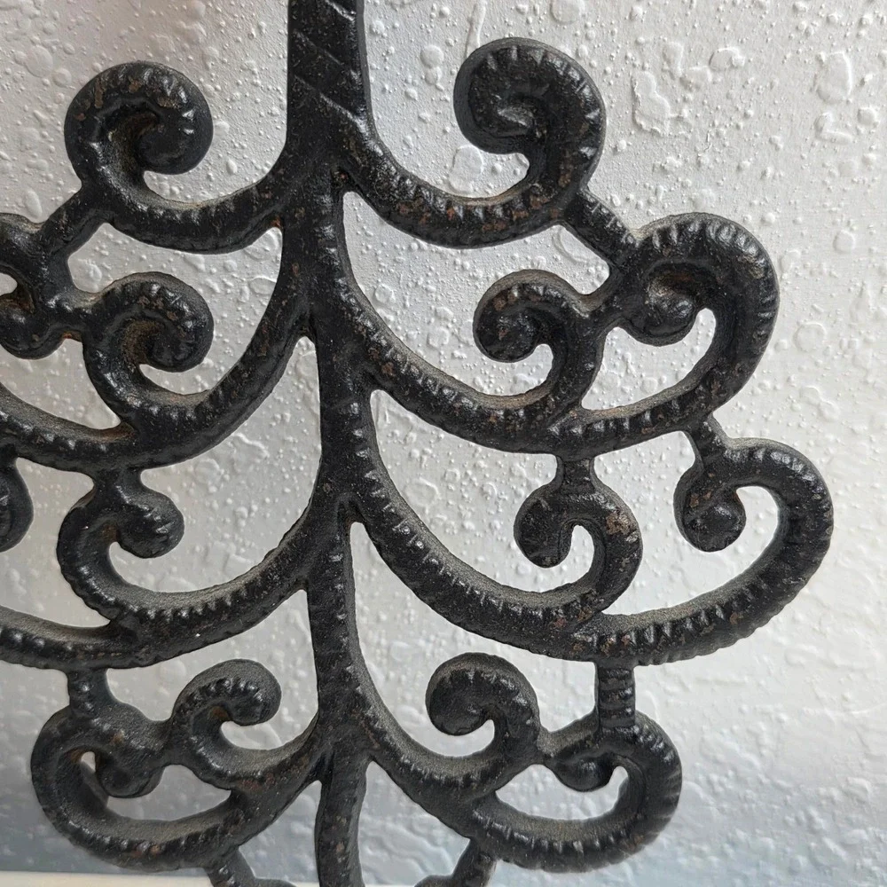 Vintage Cast Iron Trivets 'He Who Helps Shall Eat' Ceramic Tile‎ & Scroll Pair